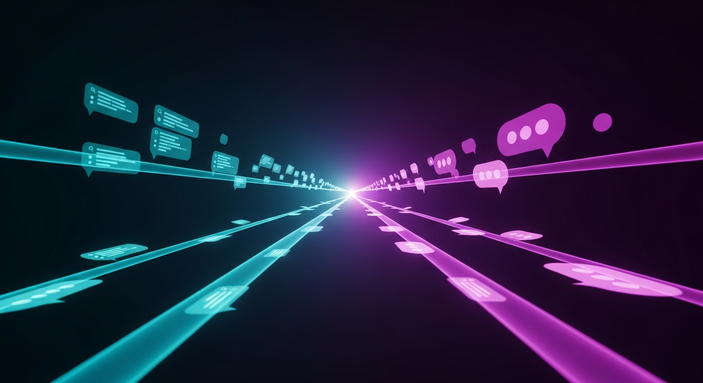 Streams of AI chat conversations converging toward a bright point, representing the many engines a business's AI visibility has to be checked across
