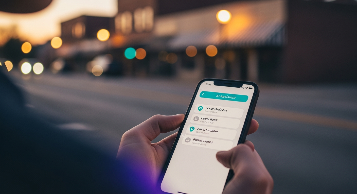 A person holding a phone showing an AI assistant surfacing a local business, a ranking, and nearby points of interest