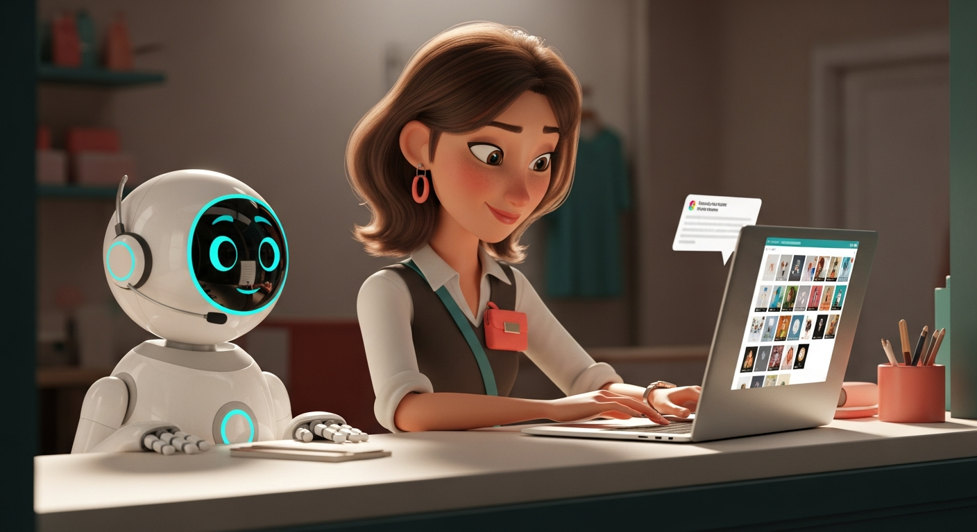 A small business owner and an AI assistant reviewing a scheduled social media content calendar together
